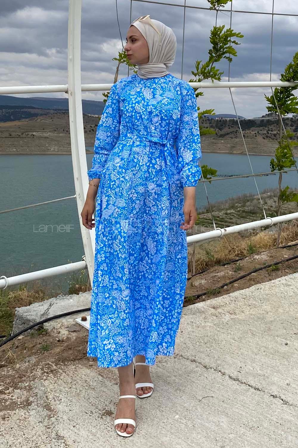 Modalamelif Çiçek Motifli Eteği Fırfırlı Kuşaklı Elbise Mavi