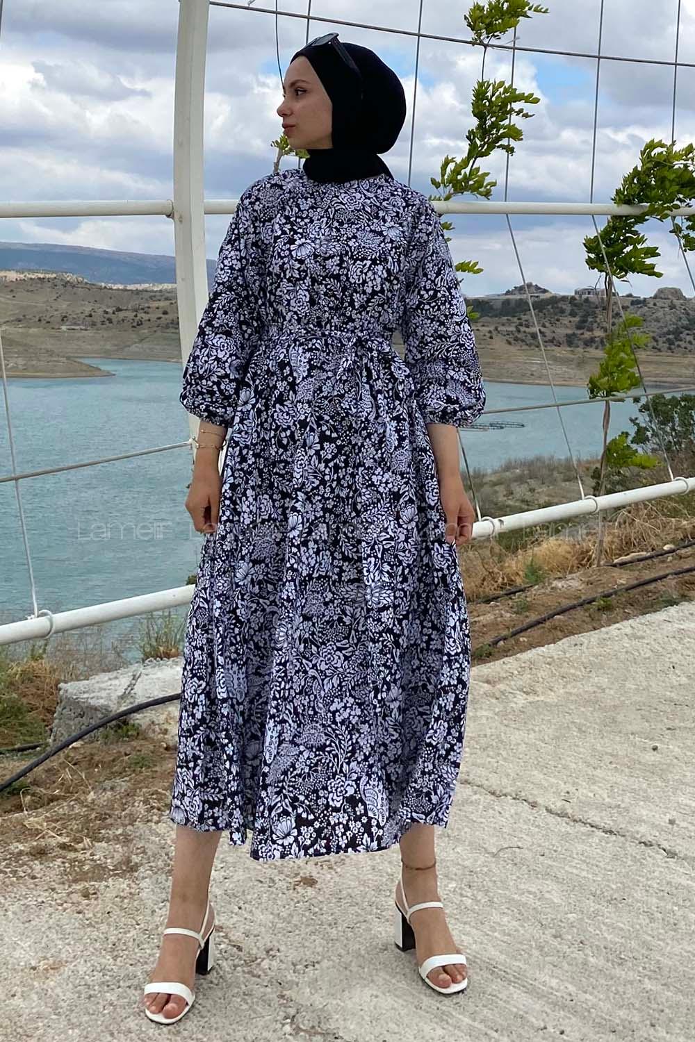 Modalamelif Çiçek Motifli Eteği Fırfırlı Kuşaklı Elbise Siyah