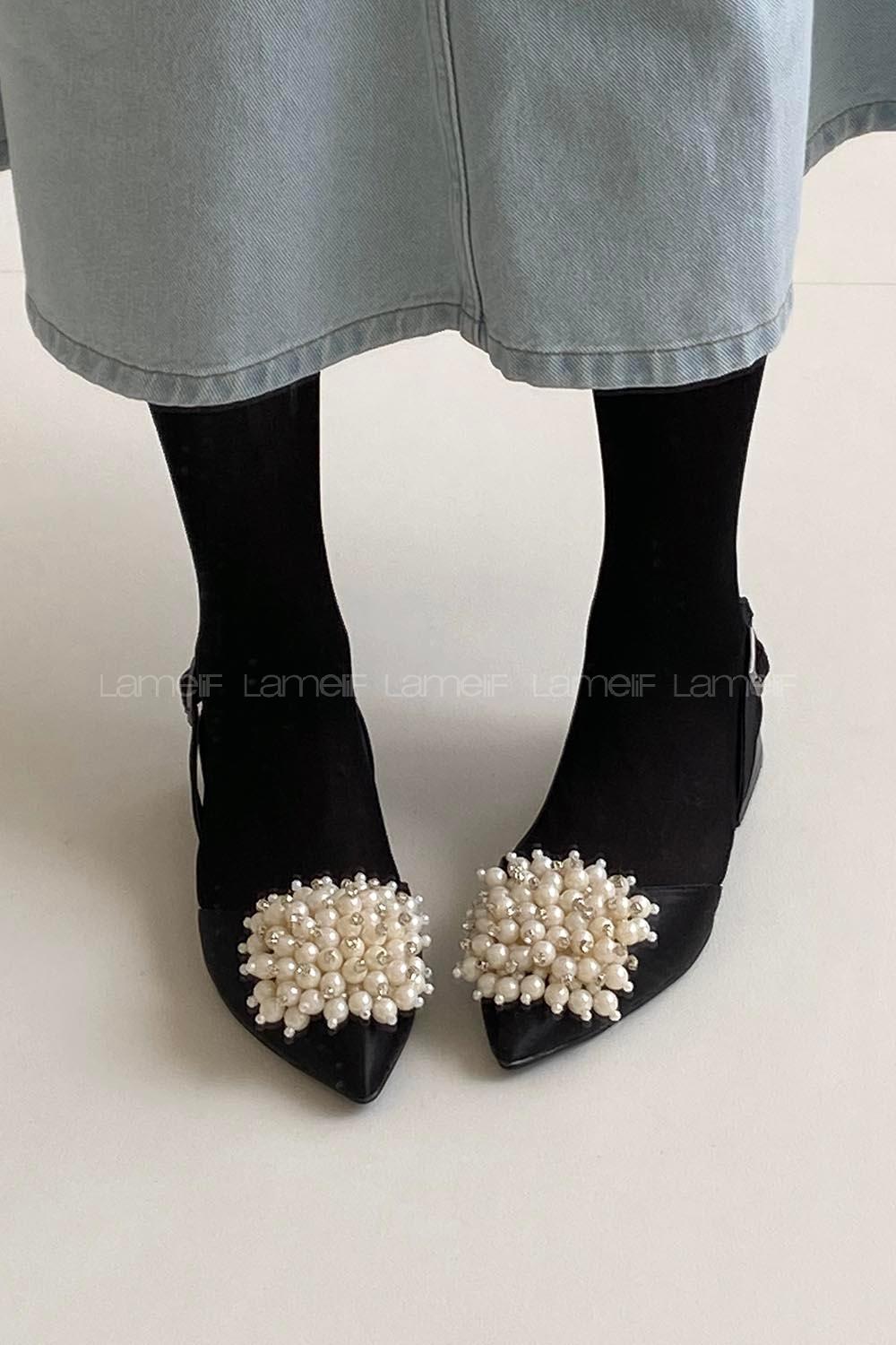 Modalamelif Kadın Topuklu İnci Detay Saten Sandalet Siyah