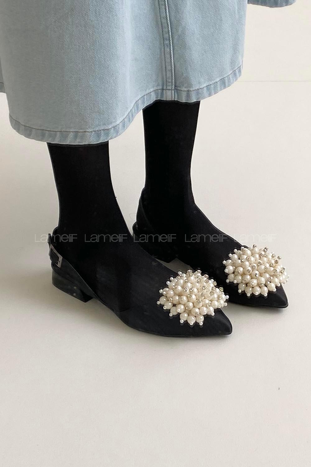 Modalamelif Kadın Topuklu İnci Detay Saten Sandalet Siyah