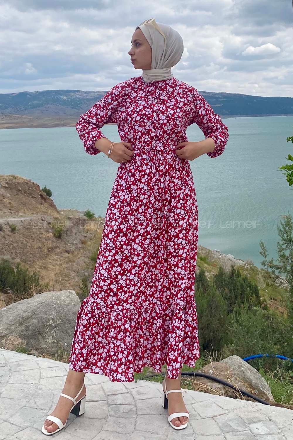 Modalamelif Önü Yarım Düğmeli Papatya Desenli Eteği Fırfırlı Elbise Kırmızı