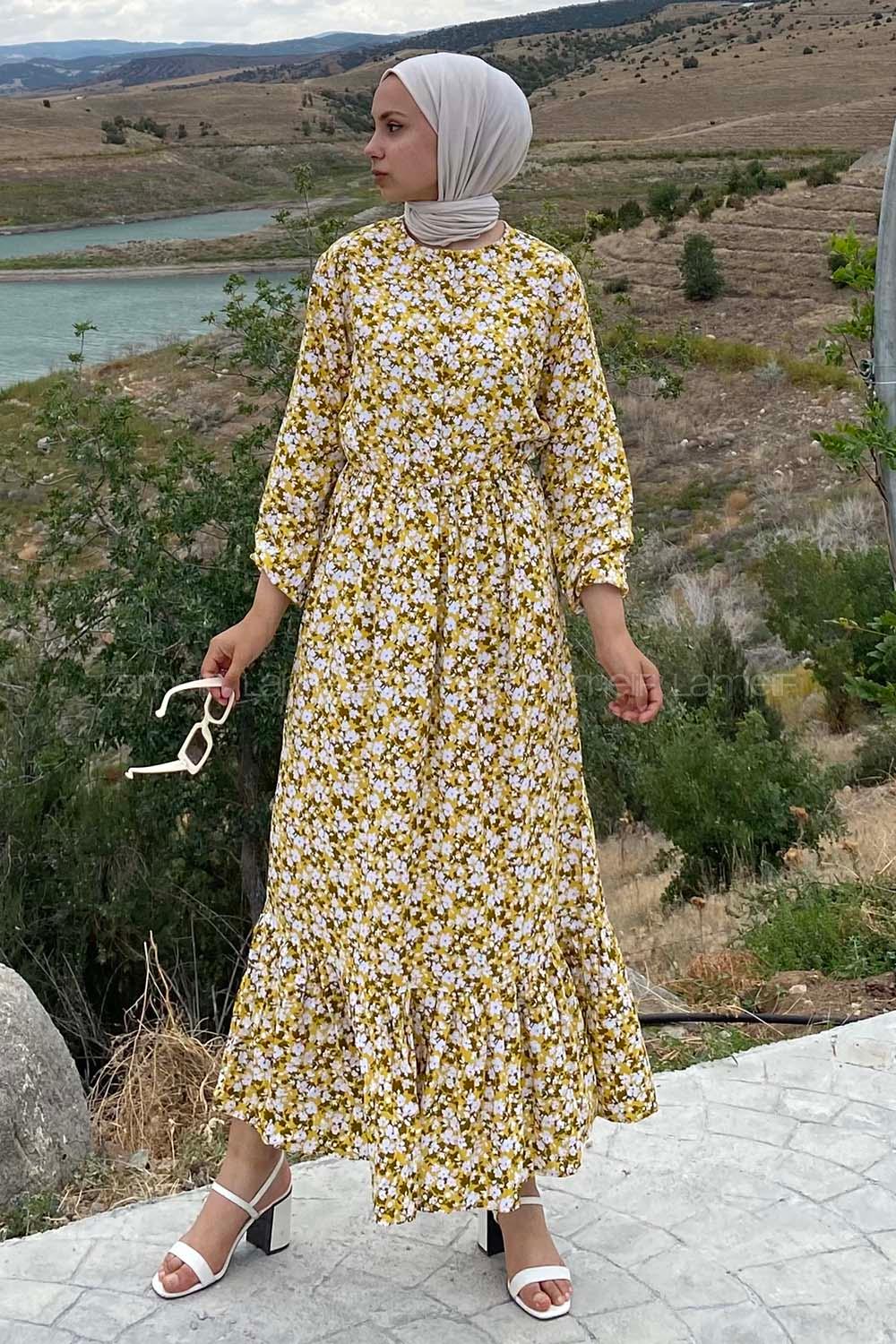 Modalamelif Önü Yarım Düğmeli Papatya Desenli Eteği Fırfırlı Elbise Sarı