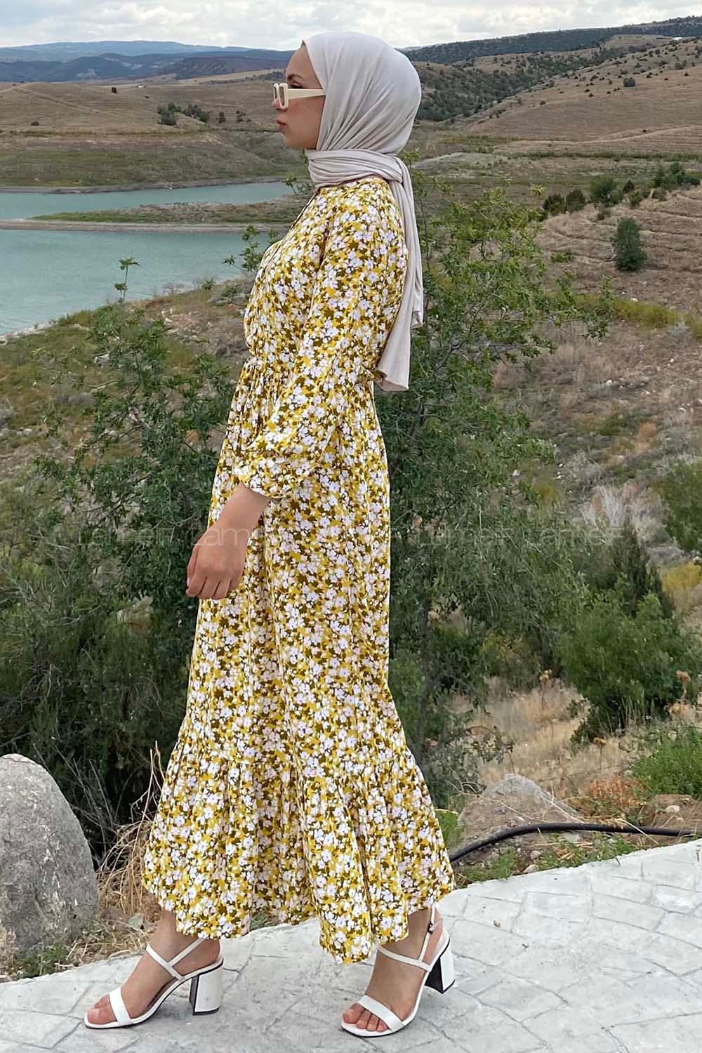 Modalamelif Önü Yarım Düğmeli Papatya Desenli Eteği Fırfırlı Elbise Sarı