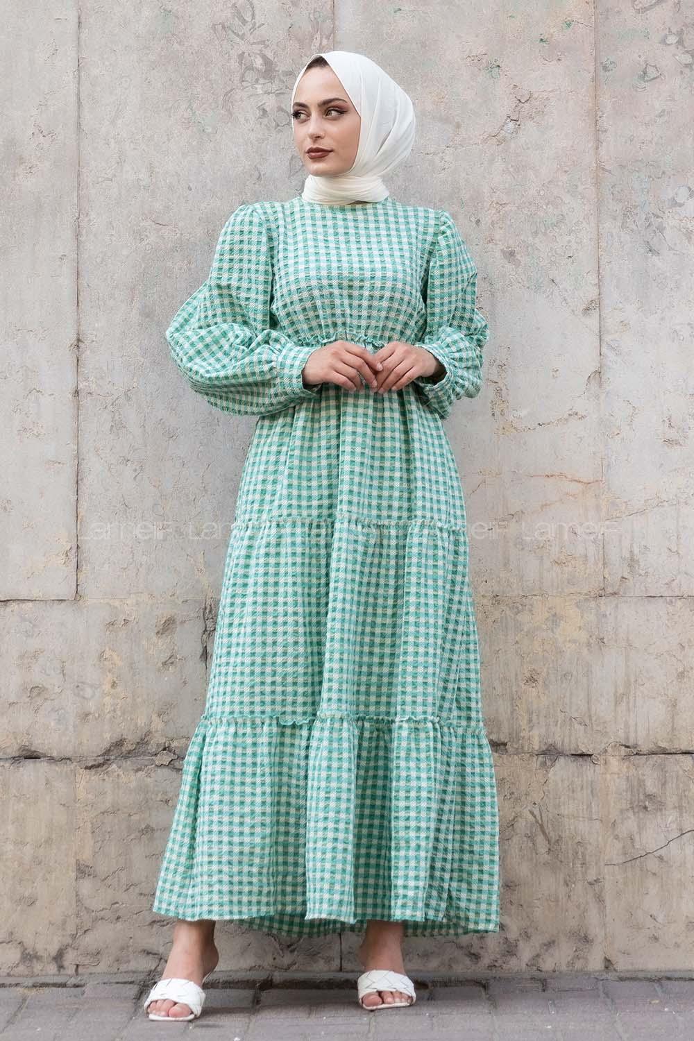 Modalamelif Balon Kol Pötikare Gofre Elbise Çağla Yeşili