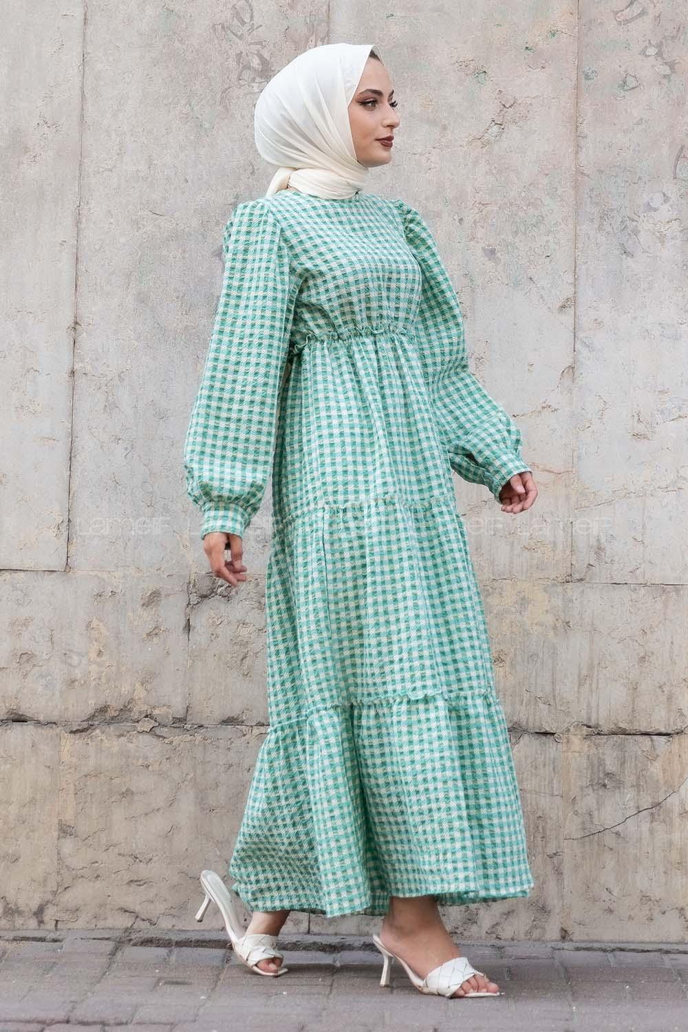 Modalamelif Balon Kol Pötikare Gofre Elbise Çağla Yeşili