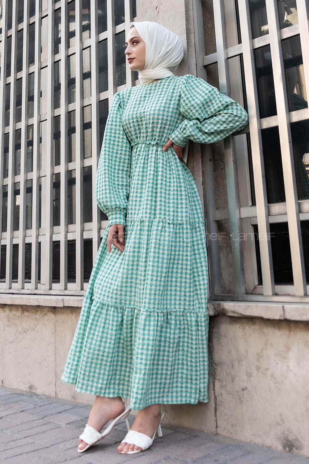 Modalamelif Balon Kol Pötikare Gofre Elbise Çağla Yeşili