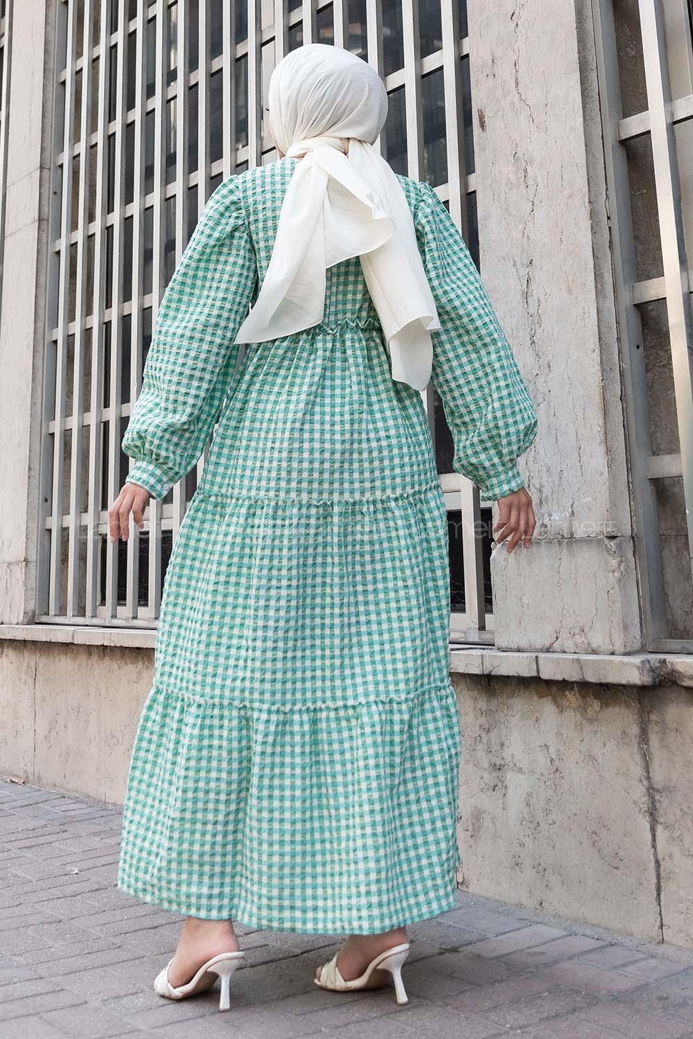 Modalamelif Balon Kol Pötikare Gofre Elbise Çağla Yeşili