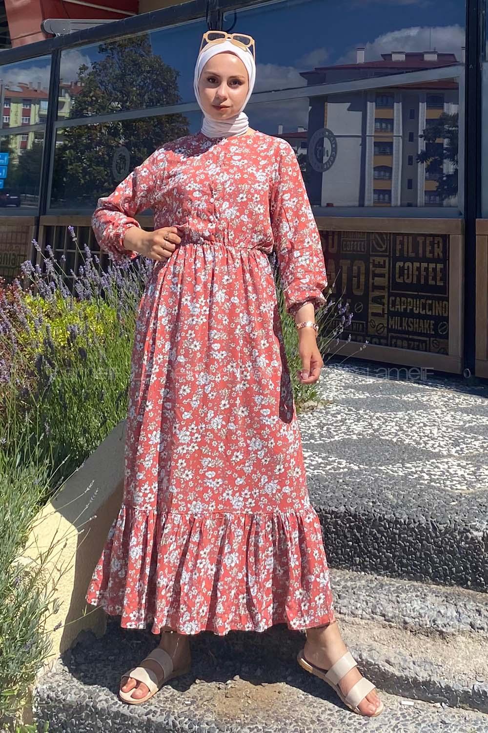 Modalamelif Beli Lastikli Papatya Desen Elbise Gül