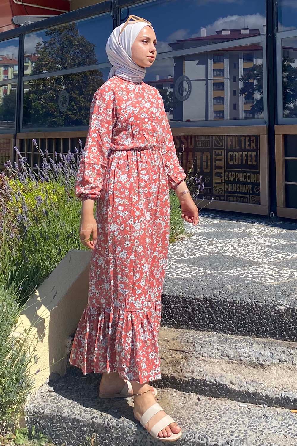 Modalamelif Beli Lastikli Papatya Desen Elbise Gül