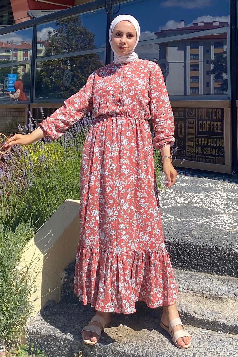 Modalamelif Beli Lastikli Papatya Desen Elbise Gül