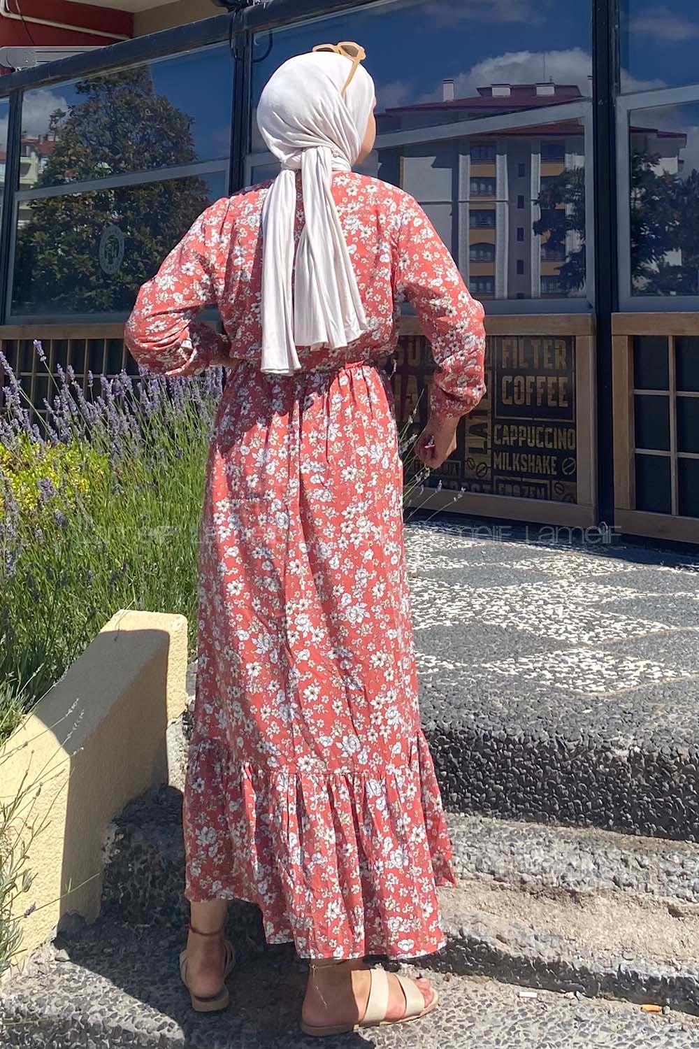 Modalamelif Beli Lastikli Papatya Desen Elbise Gül