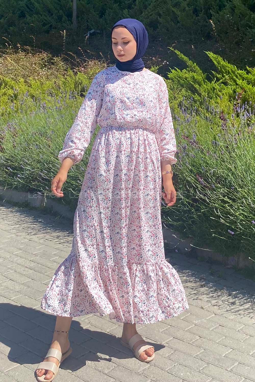 Modalamelif Önü Yarım Düğmeli Çiçek Desenli Eteği Fırfırlı Elbise Beyaz