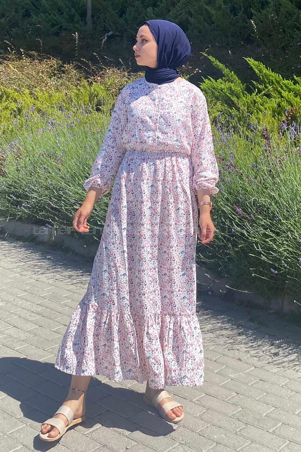 Modalamelif Önü Yarım Düğmeli Çiçek Desenli Eteği Fırfırlı Elbise Beyaz