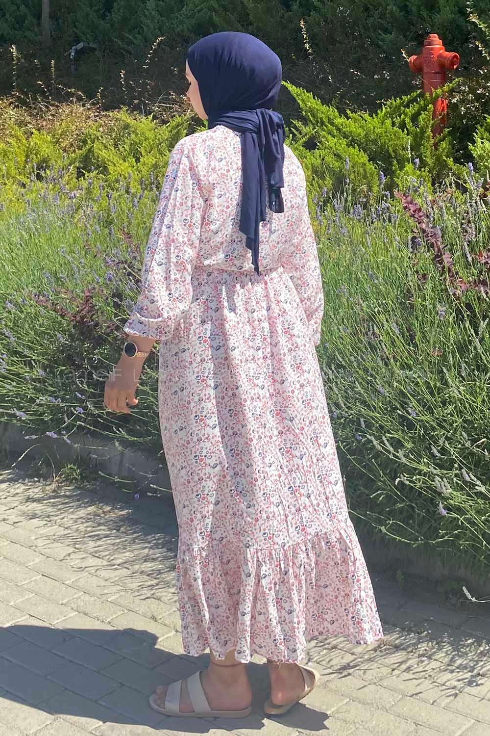 Modalamelif Önü Yarım Düğmeli Çiçek Desenli Eteği Fırfırlı Elbise Beyaz