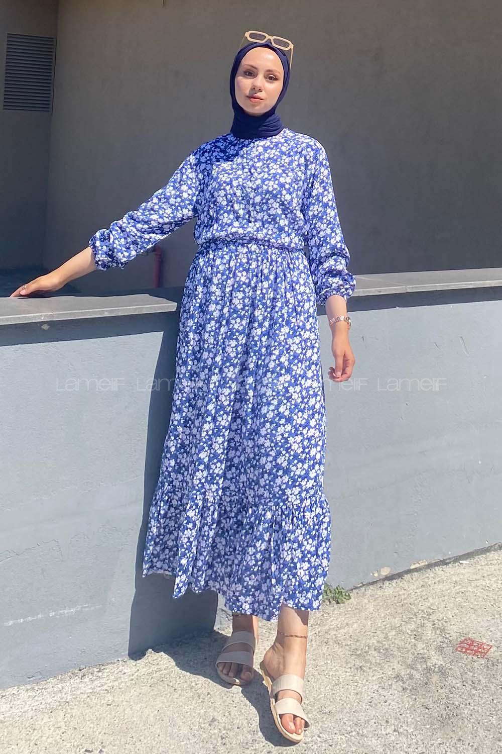 Modalamelif Önü Yarım Düğmeli Papatya Desenli Eteği Fırfırlı Elbise İndigo