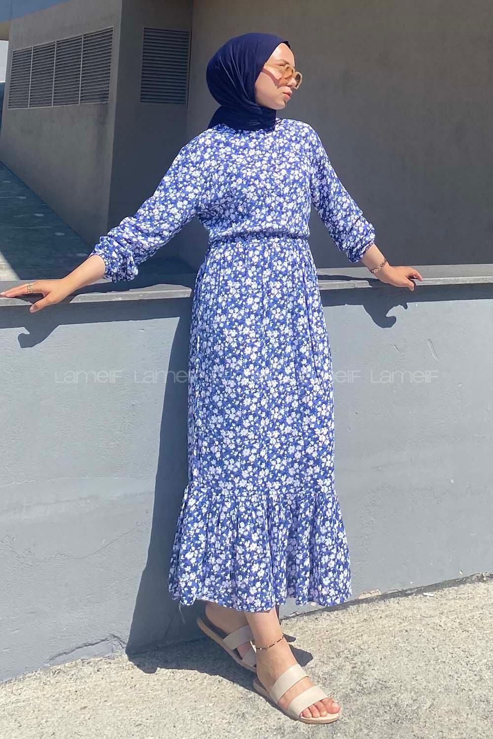 Modalamelif Önü Yarım Düğmeli Papatya Desenli Eteği Fırfırlı Elbise İndigo