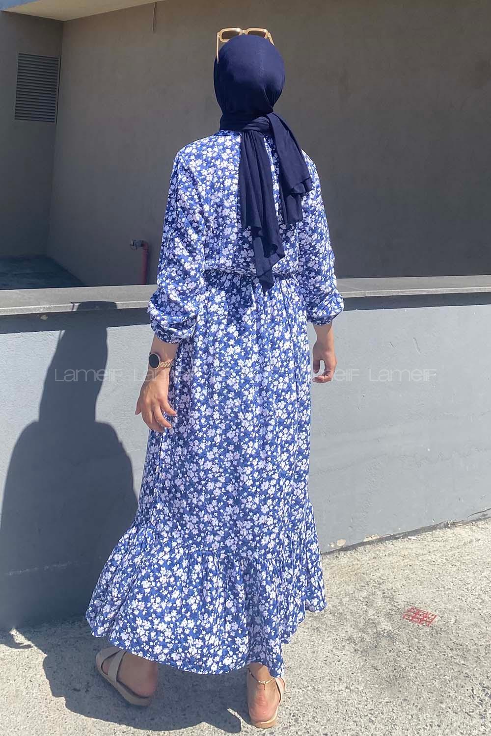 Modalamelif Önü Yarım Düğmeli Papatya Desenli Eteği Fırfırlı Elbise İndigo