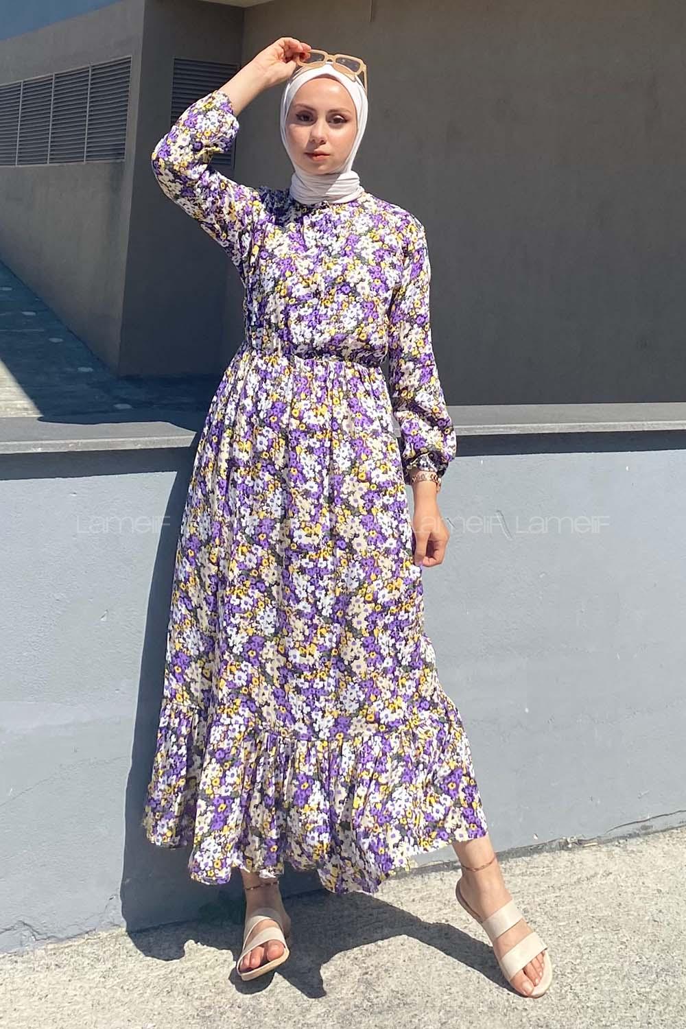 Modalamelif Önü Yarım Düğmeli Soyut Desenli Eteği Fırfırlı Elbise Lila