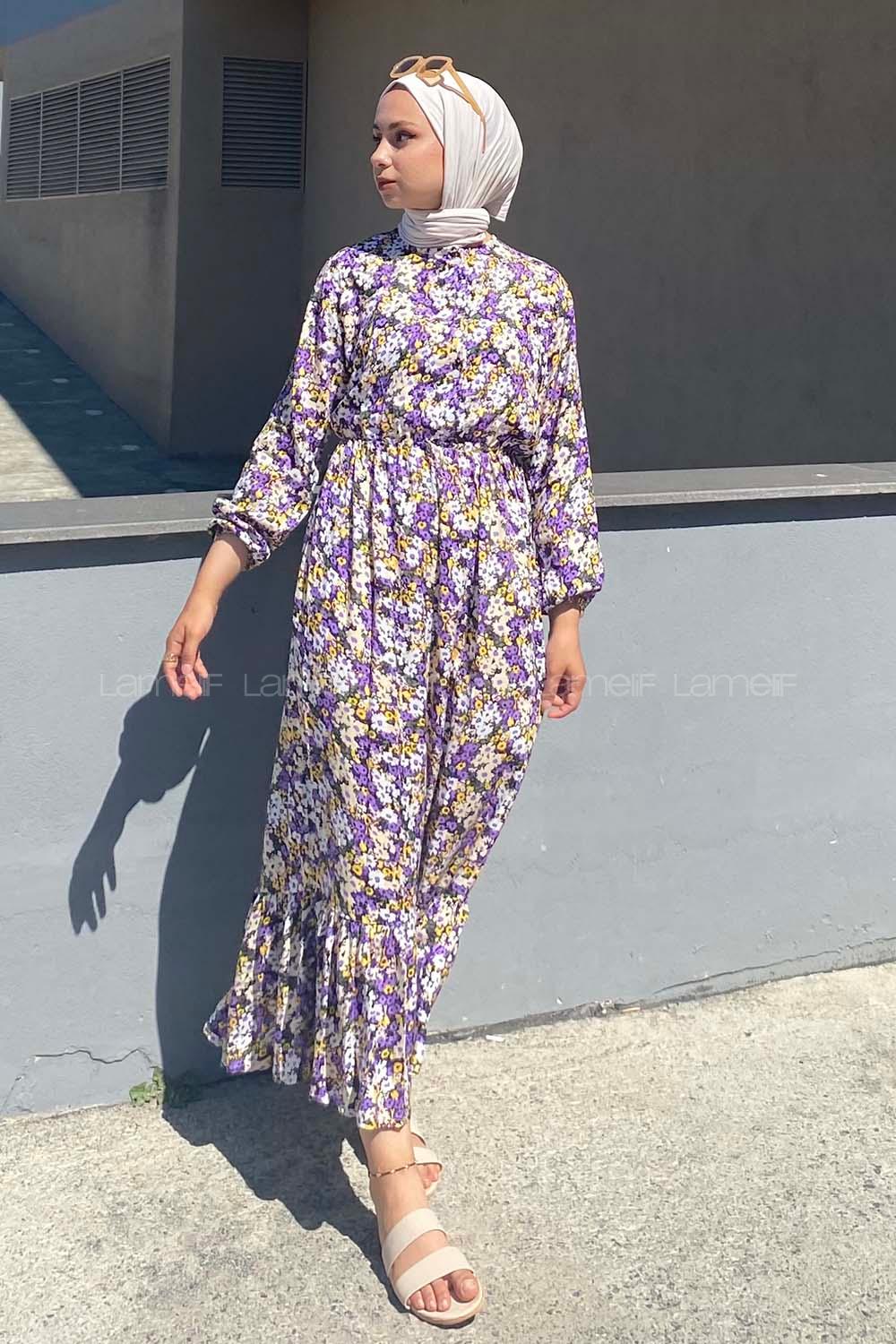 Modalamelif Önü Yarım Düğmeli Soyut Desenli Eteği Fırfırlı Elbise Lila