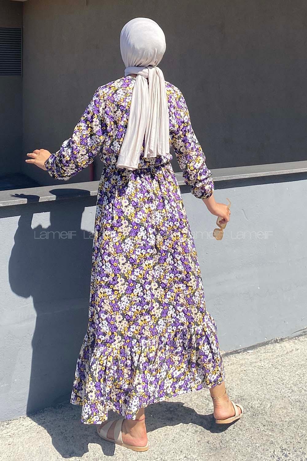 Modalamelif Önü Yarım Düğmeli Soyut Desenli Eteği Fırfırlı Elbise Lila