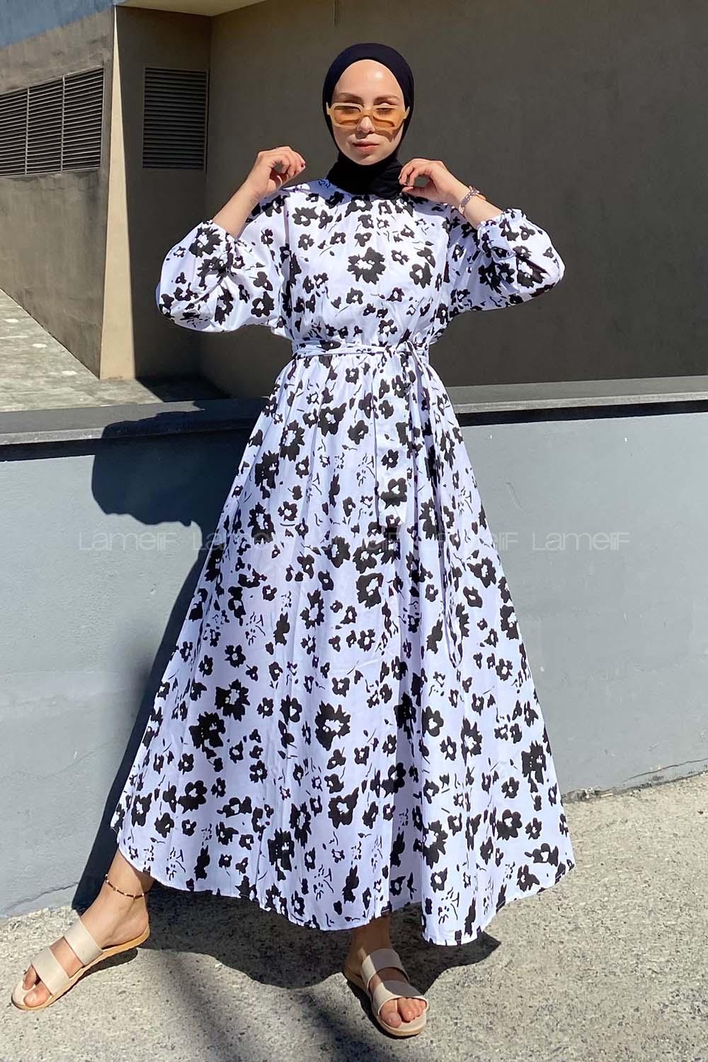 Modalamelif Soyut Desen Beli Lastikli Kuşak Bağlamalı Elbise Lila-Siyah