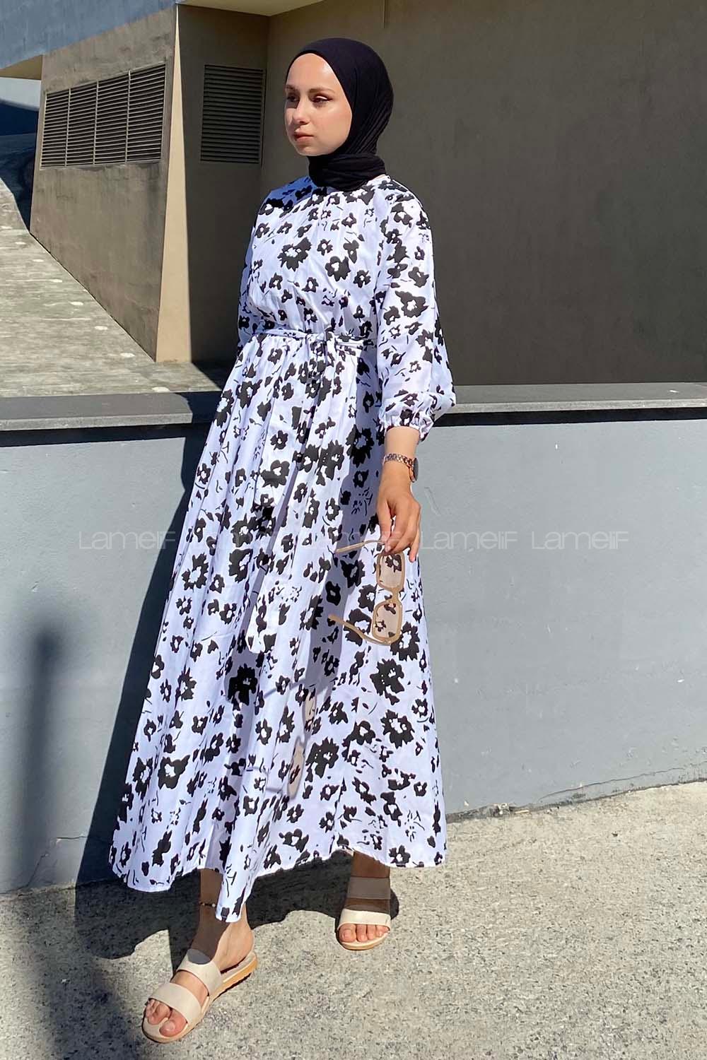 Modalamelif Soyut Desen Beli Lastikli Kuşak Bağlamalı Elbise Lila-Siyah