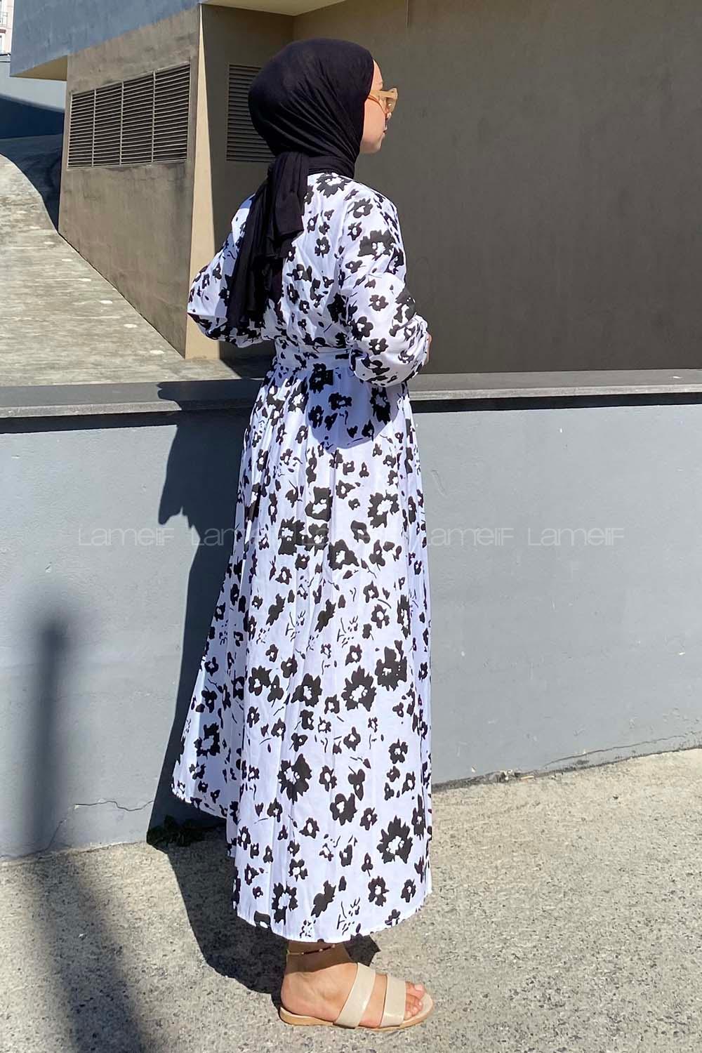 Modalamelif Soyut Desen Beli Lastikli Kuşak Bağlamalı Elbise Lila-Siyah