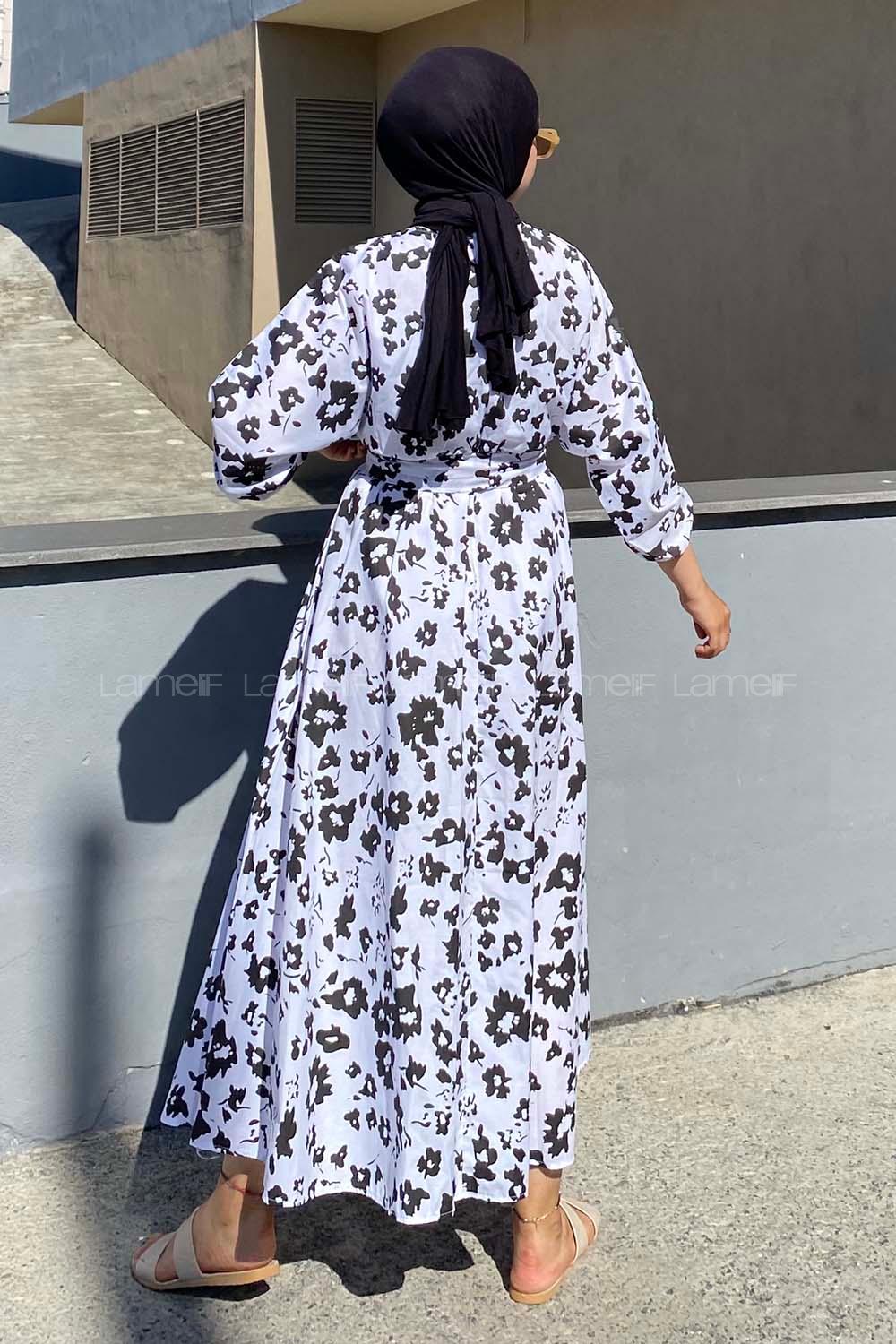 Modalamelif Soyut Desen Beli Lastikli Kuşak Bağlamalı Elbise Lila-Siyah