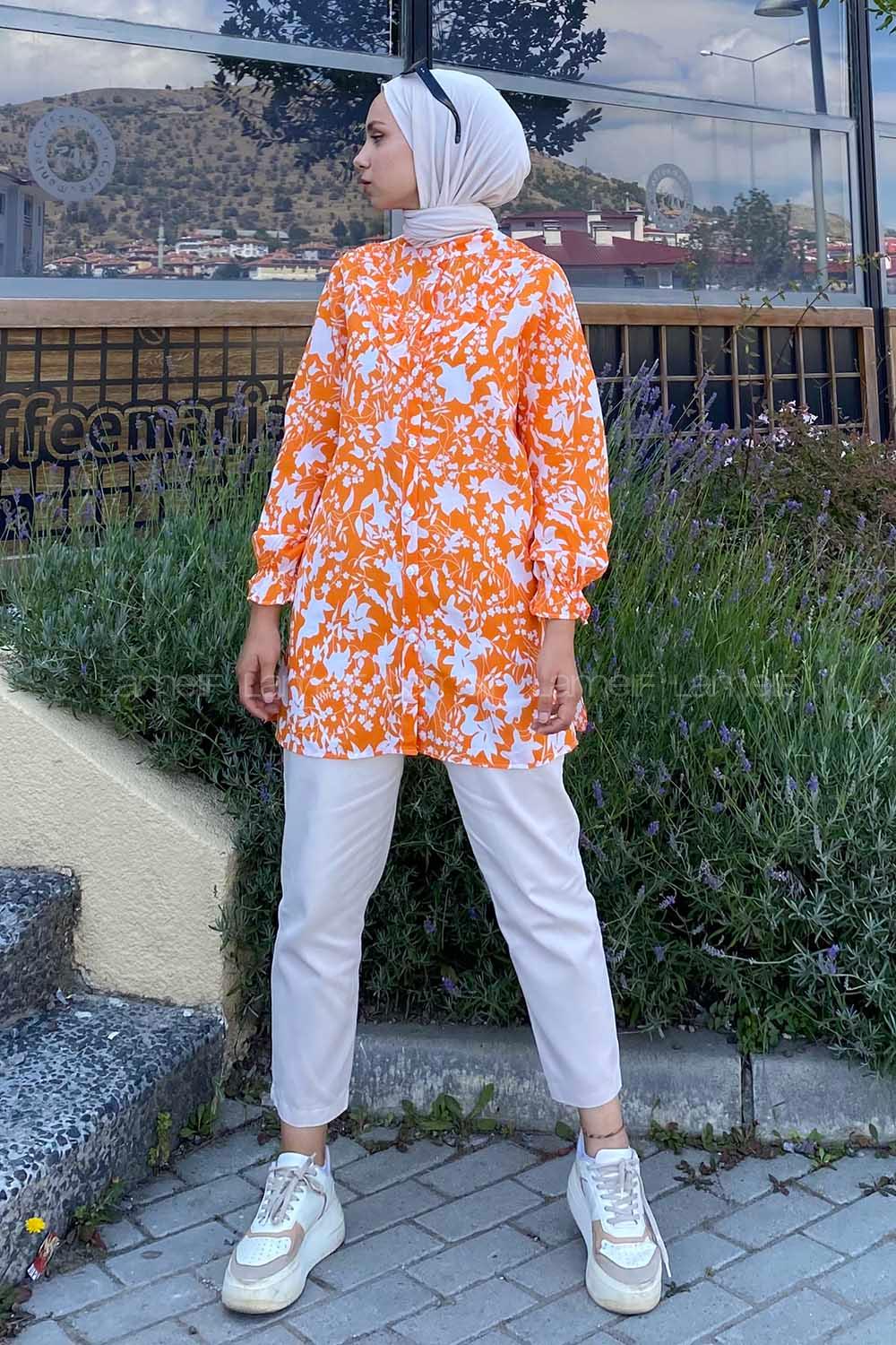 Modalamelif Önü Düğmeli Önü Fırfırlı Desenli Gömlek Oranj