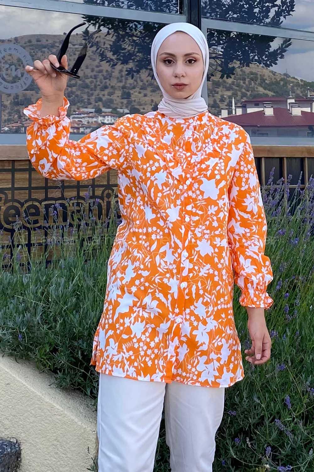 Modalamelif Önü Düğmeli Önü Fırfırlı Desenli Gömlek Oranj