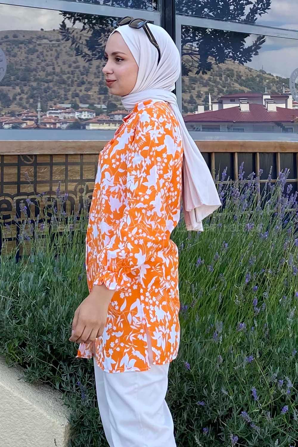 Modalamelif Önü Düğmeli Önü Fırfırlı Desenli Gömlek Oranj