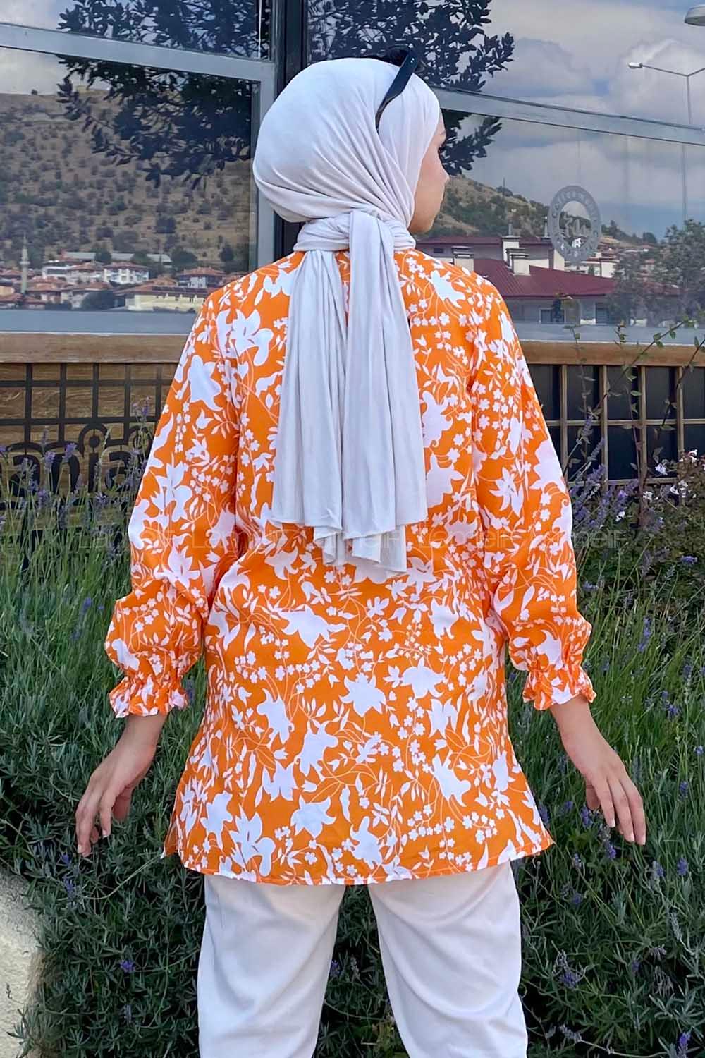 Modalamelif Önü Düğmeli Önü Fırfırlı Desenli Gömlek Oranj