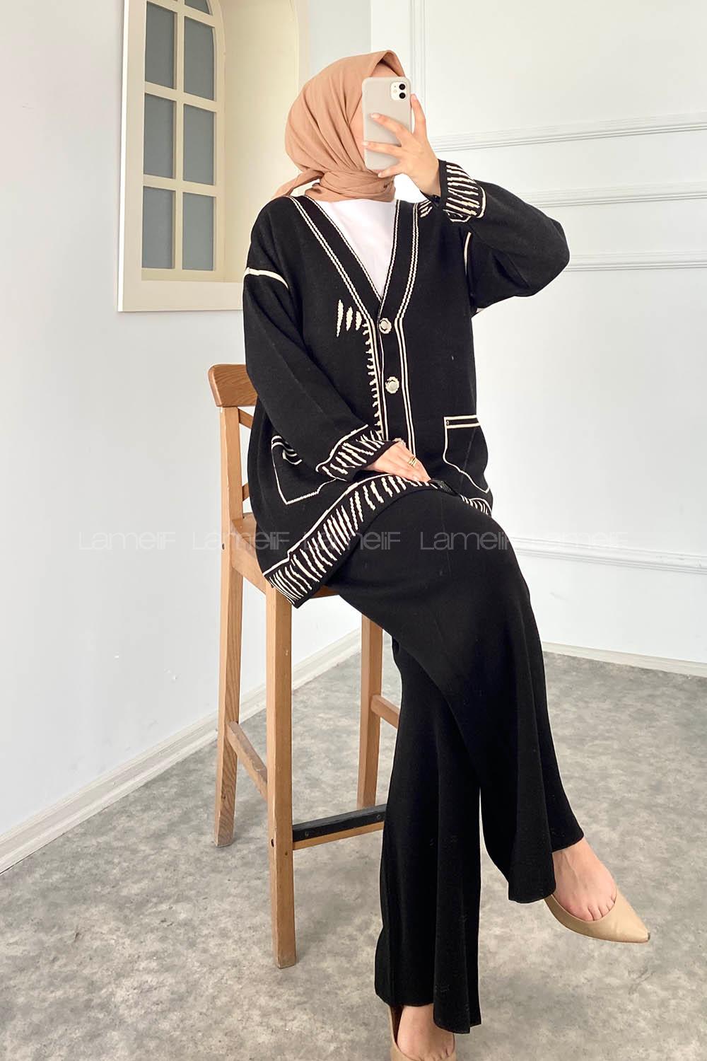 Modalamelif Çıçıt Düğmeli Cep Desenli Triko İkili Takım Siyah