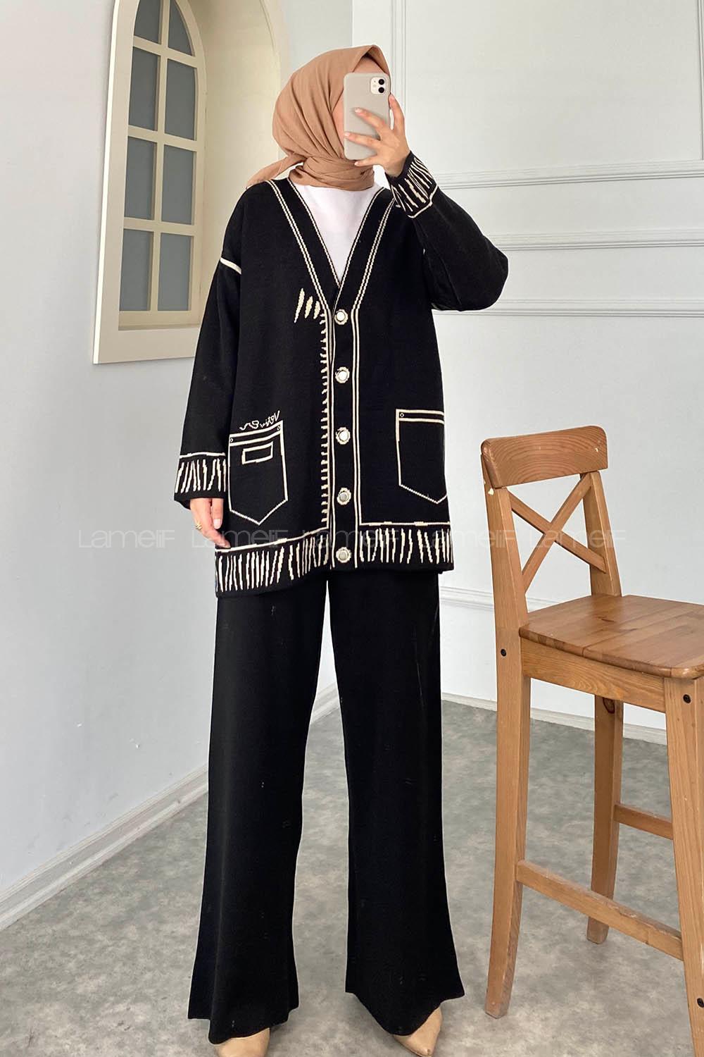 Modalamelif Çıçıt Düğmeli Cep Desenli Triko İkili Takım Siyah