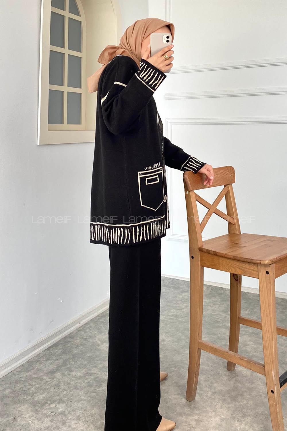 Modalamelif Çıçıt Düğmeli Cep Desenli Triko İkili Takım Siyah