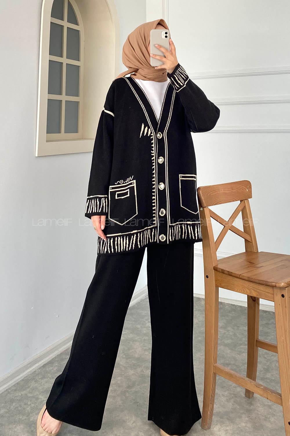 Modalamelif Çıçıt Düğmeli Cep Desenli Triko İkili Takım Siyah