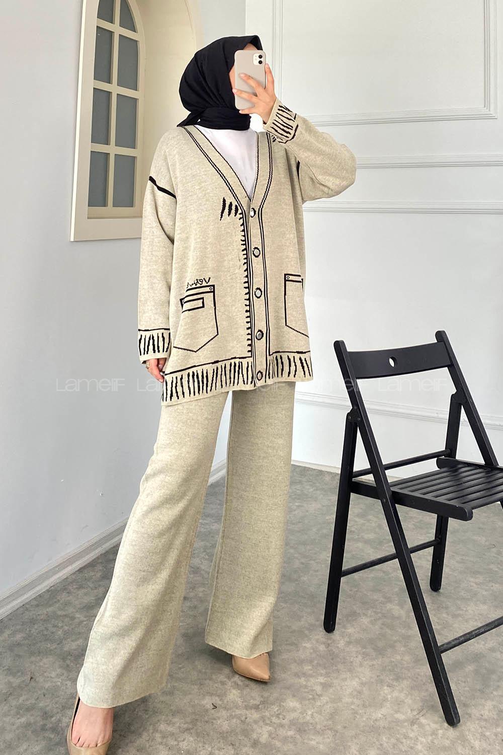 Modalamelif Çıçıt Düğmeli Cep Desenli Triko İkili TakımTaşrengi