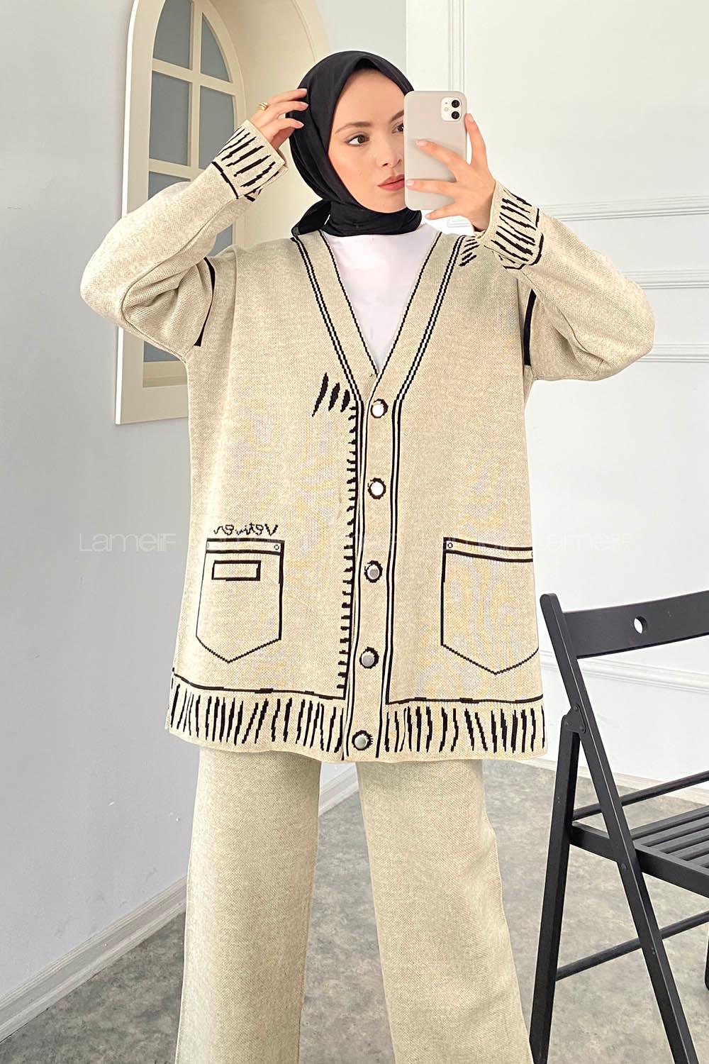 Modalamelif Çıçıt Düğmeli Cep Desenli Triko İkili TakımTaşrengi