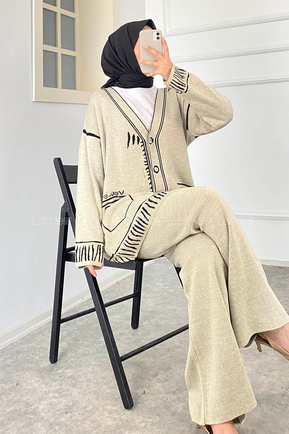 Modalamelif Çıçıt Düğmeli Cep Desenli Triko İkili TakımTaşrengi