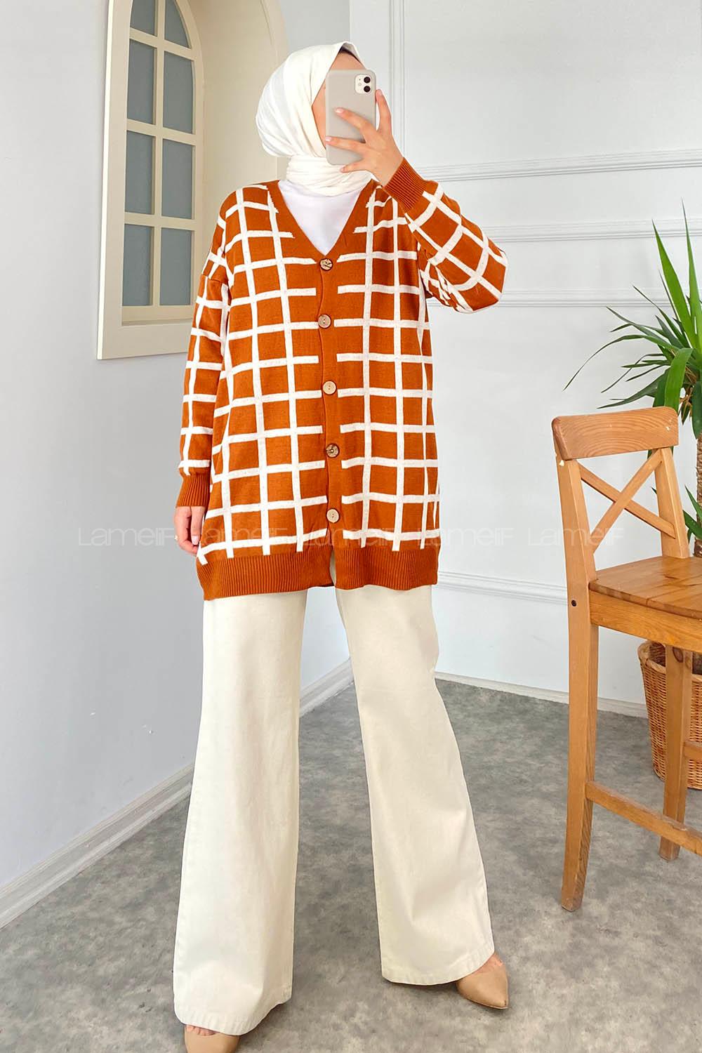 Modalamelif Çizgi Garnili Hırka Kiremit