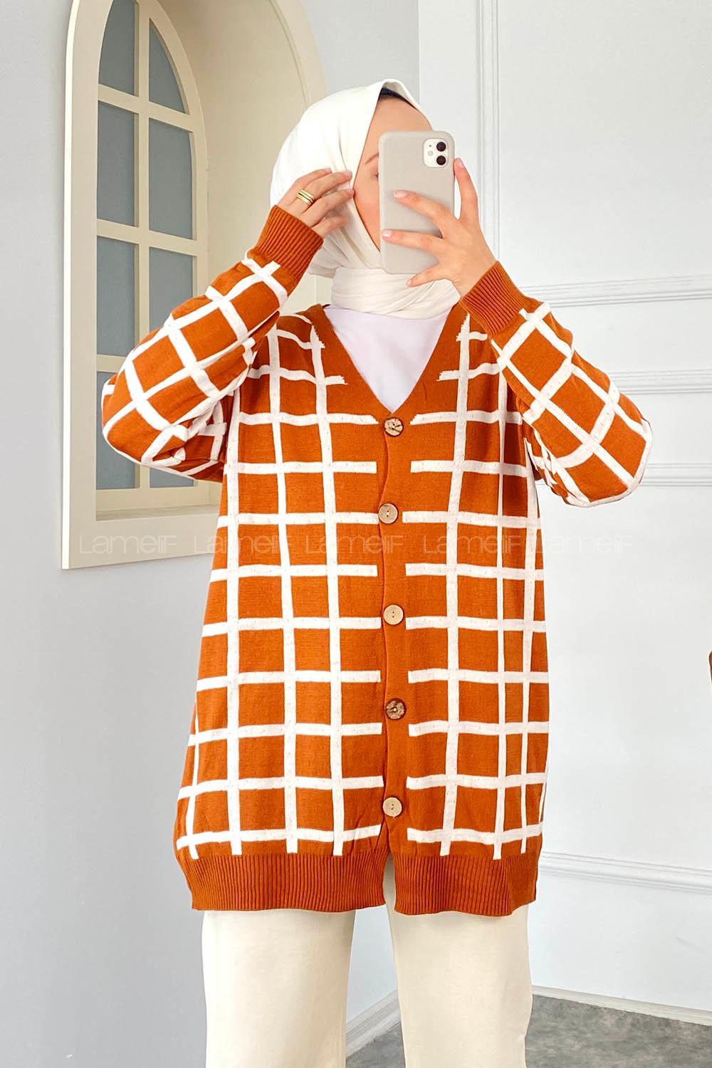 Modalamelif Çizgi Garnili Hırka Kiremit