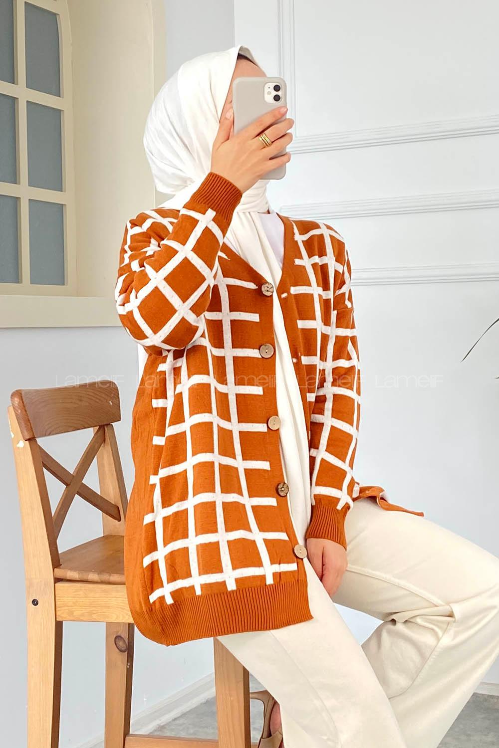 Modalamelif Çizgi Garnili Hırka Kiremit