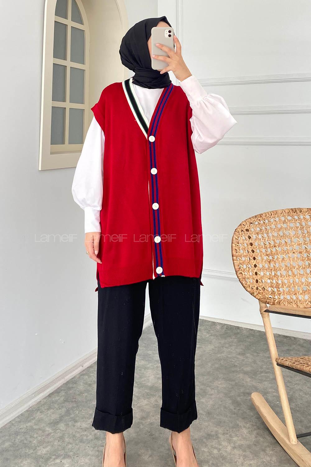 Modalamelif Yaka Renk Garnili Triko Yelek Kırmızı