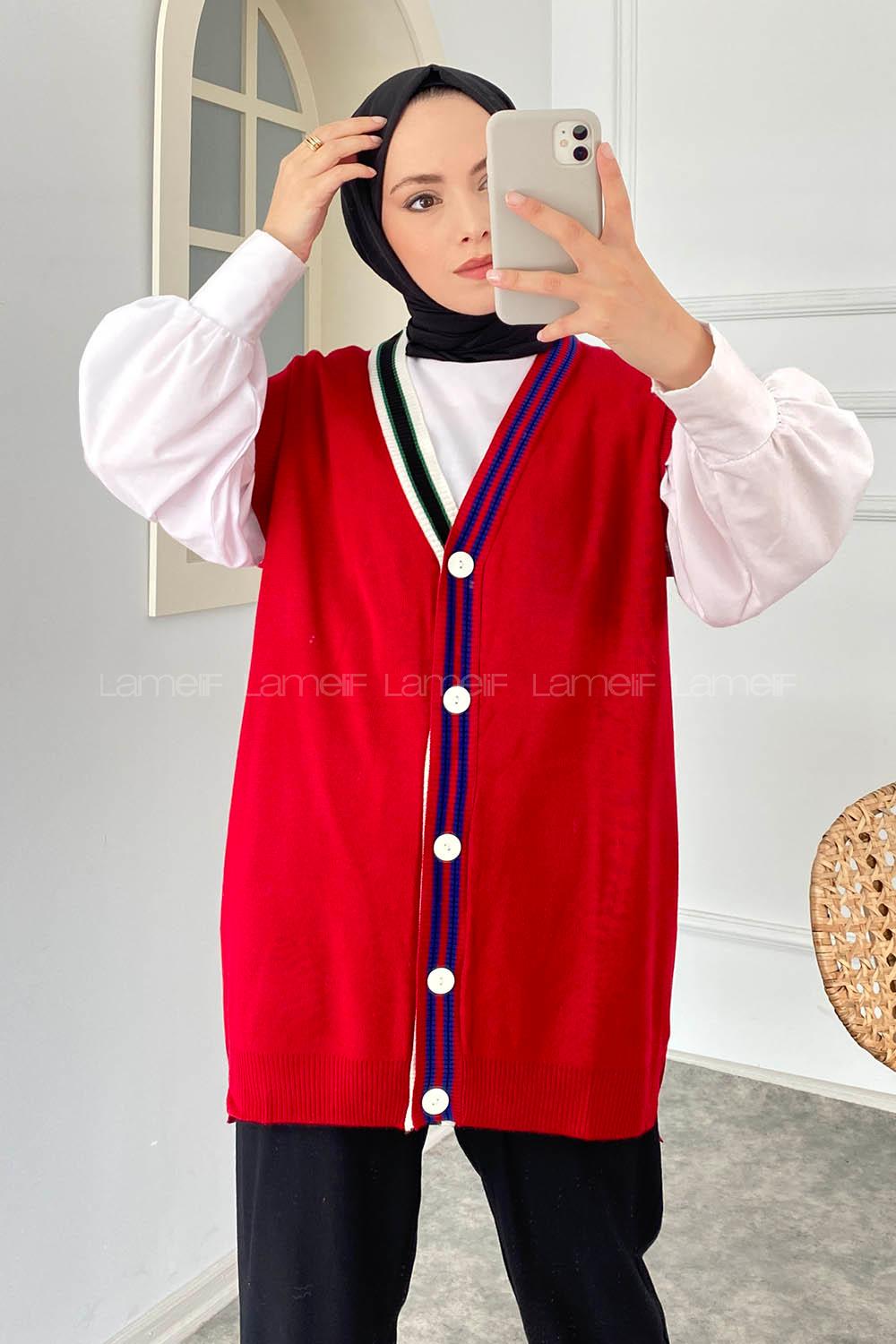 Modalamelif Yaka Renk Garnili Triko Yelek Kırmızı