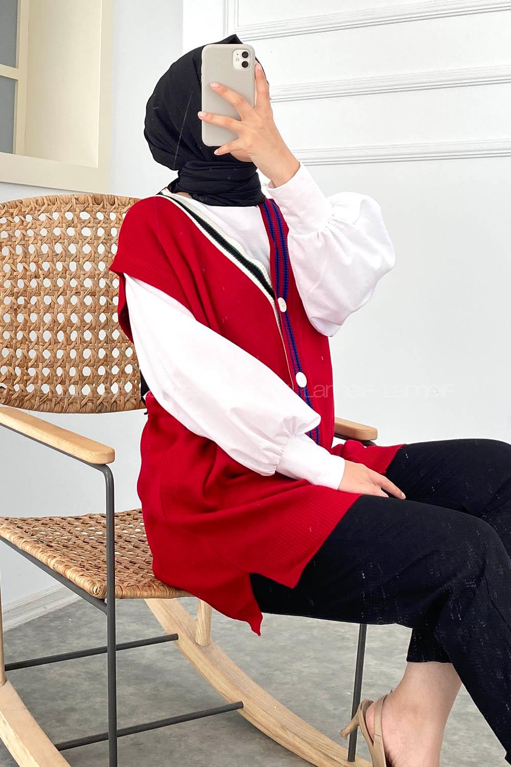 Modalamelif Yaka Renk Garnili Triko Yelek Kırmızı