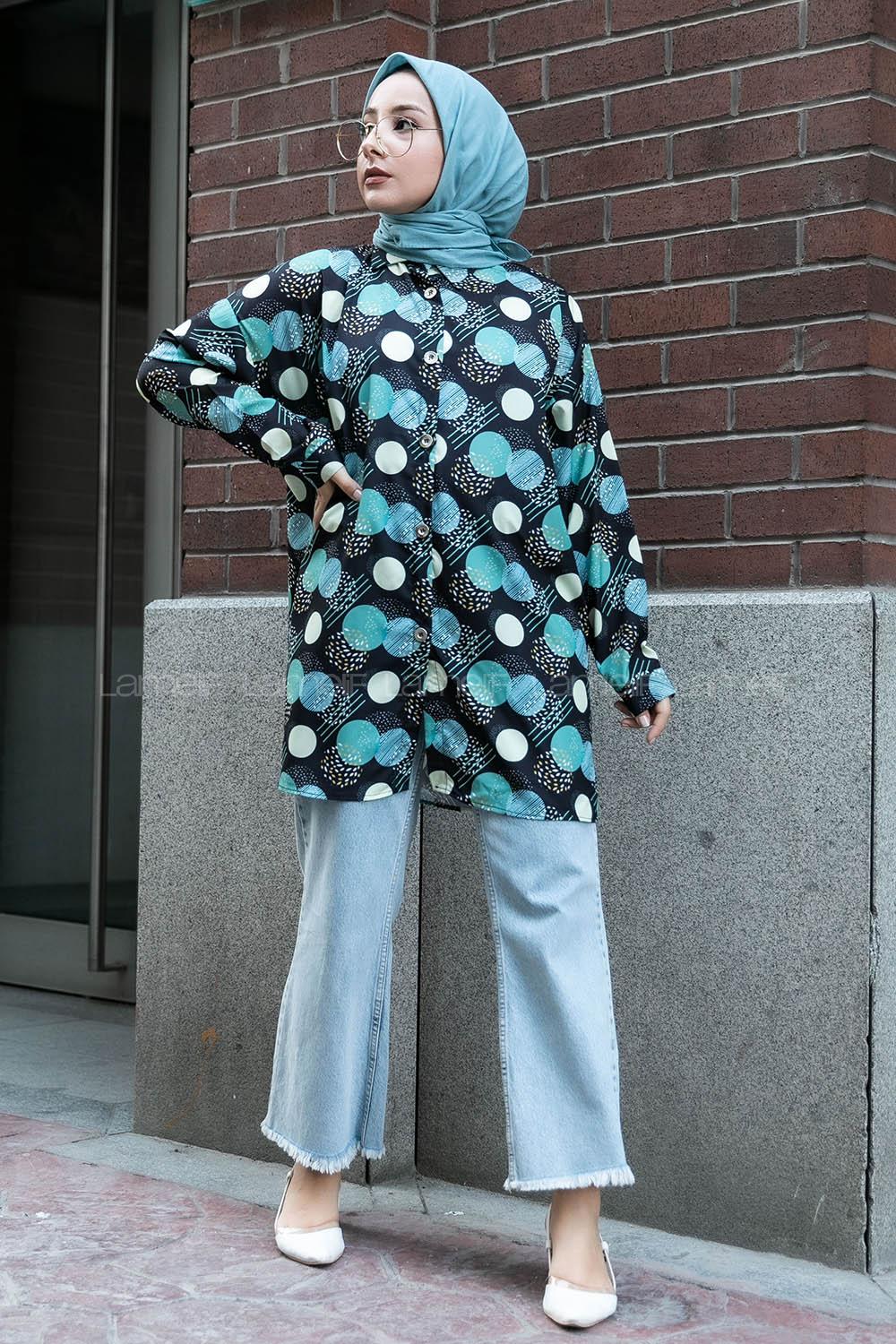 Modalamelif Soyut Desen Dijital Baskı Gömlek Siyah-Yeşil