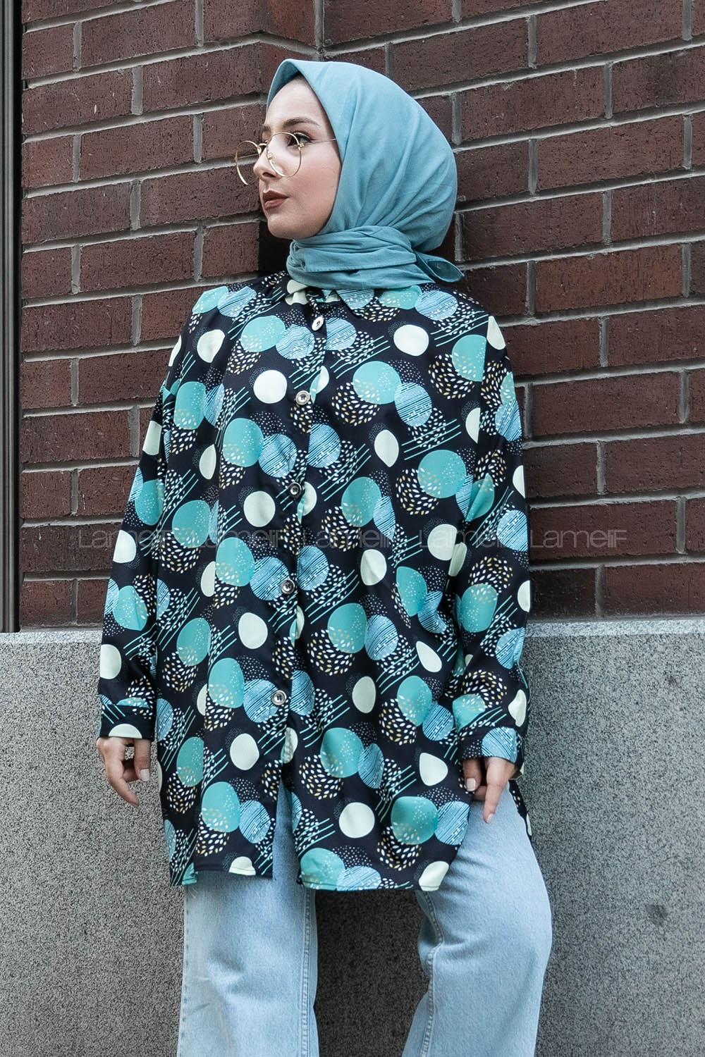 Modalamelif Soyut Desen Dijital Baskı Gömlek Siyah-Yeşil