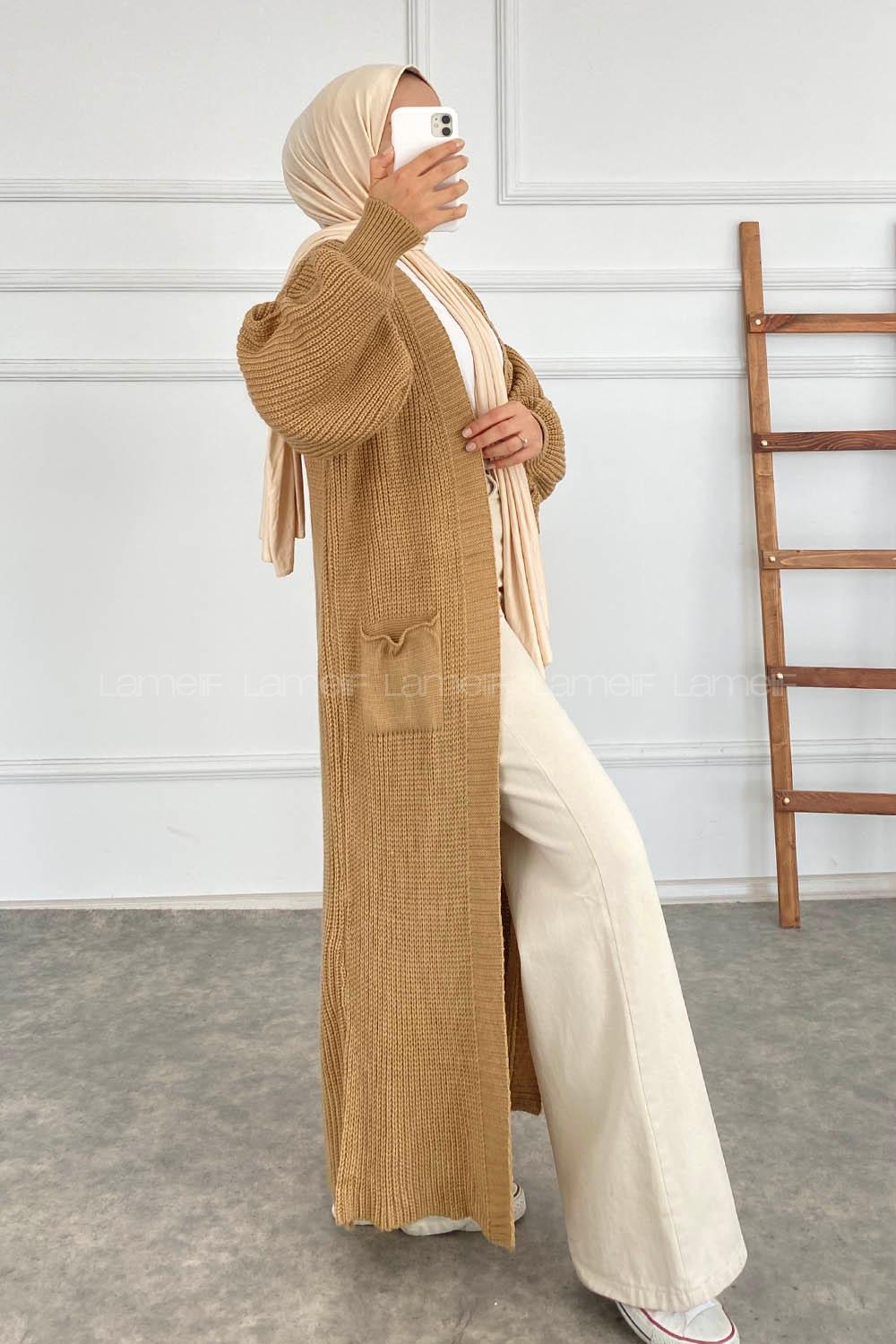 Modalamelif Balon Kol Cep Detaylı Triko Hırka Sütlü Kahve