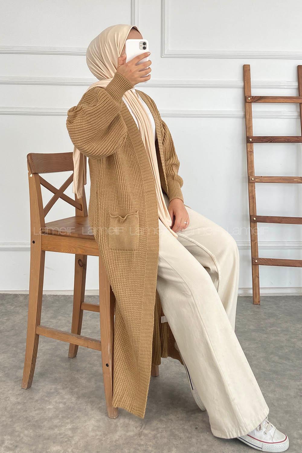 Modalamelif Balon Kol Cep Detaylı Triko Hırka Sütlü Kahve