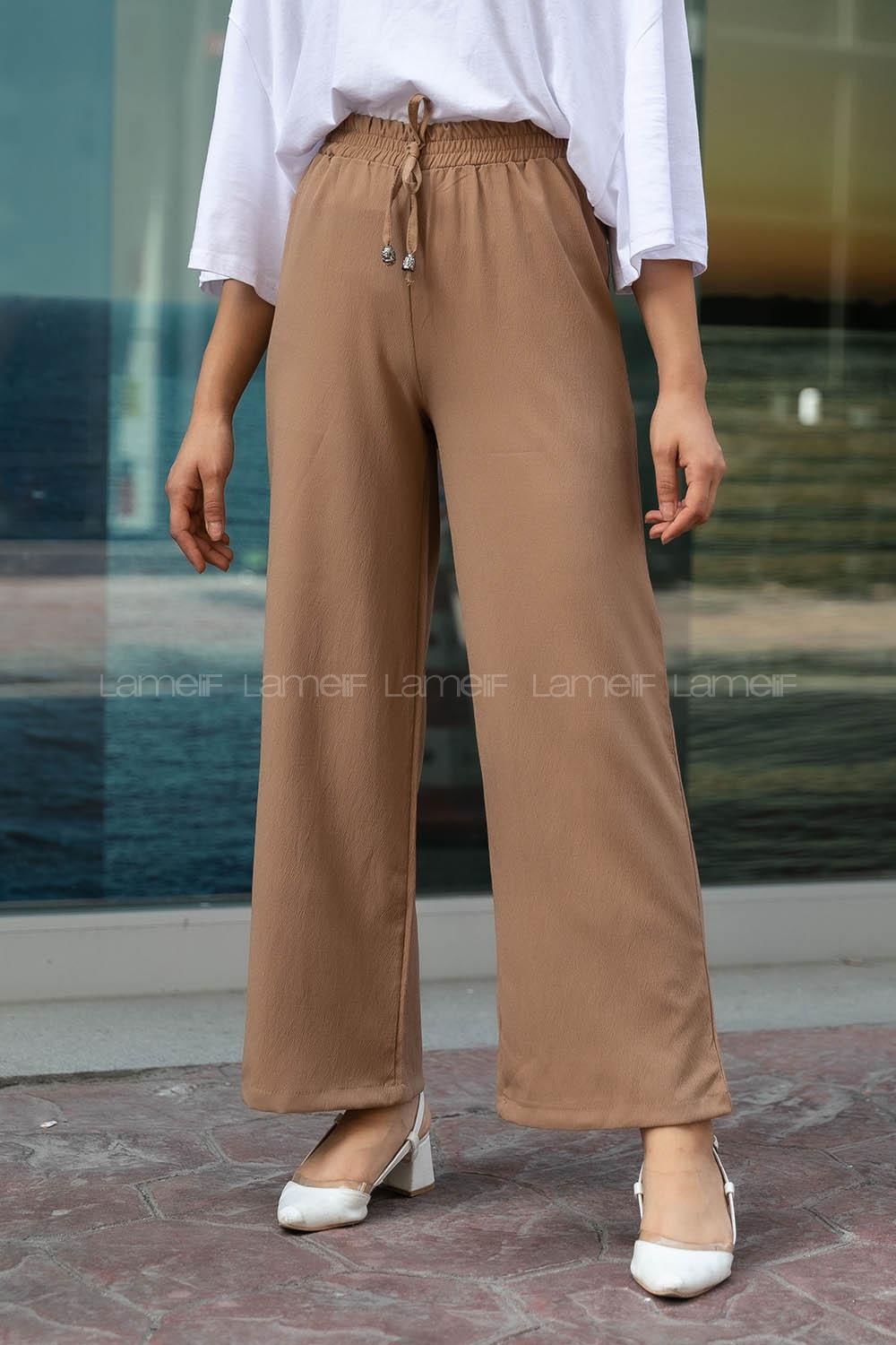 Modalamelif Bel Bağcıklı Bol Paça Krınkil Pantolon Sütlükahve